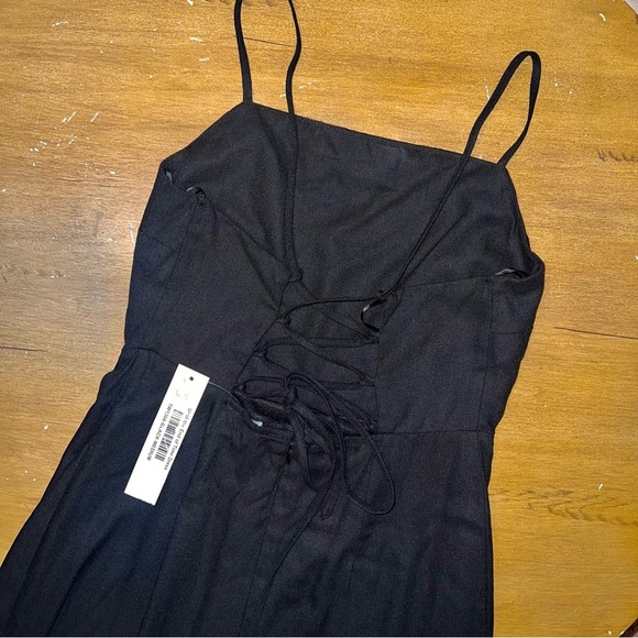 NWT The Workshop Black Linen Spaghetti Strap Dress M Lace up Back with Slit - Picture 4 of 11